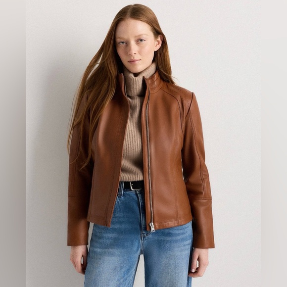 Quince Jackets & Blazers - NWT Quince Leather Stand- Collar Jacket in Cognac